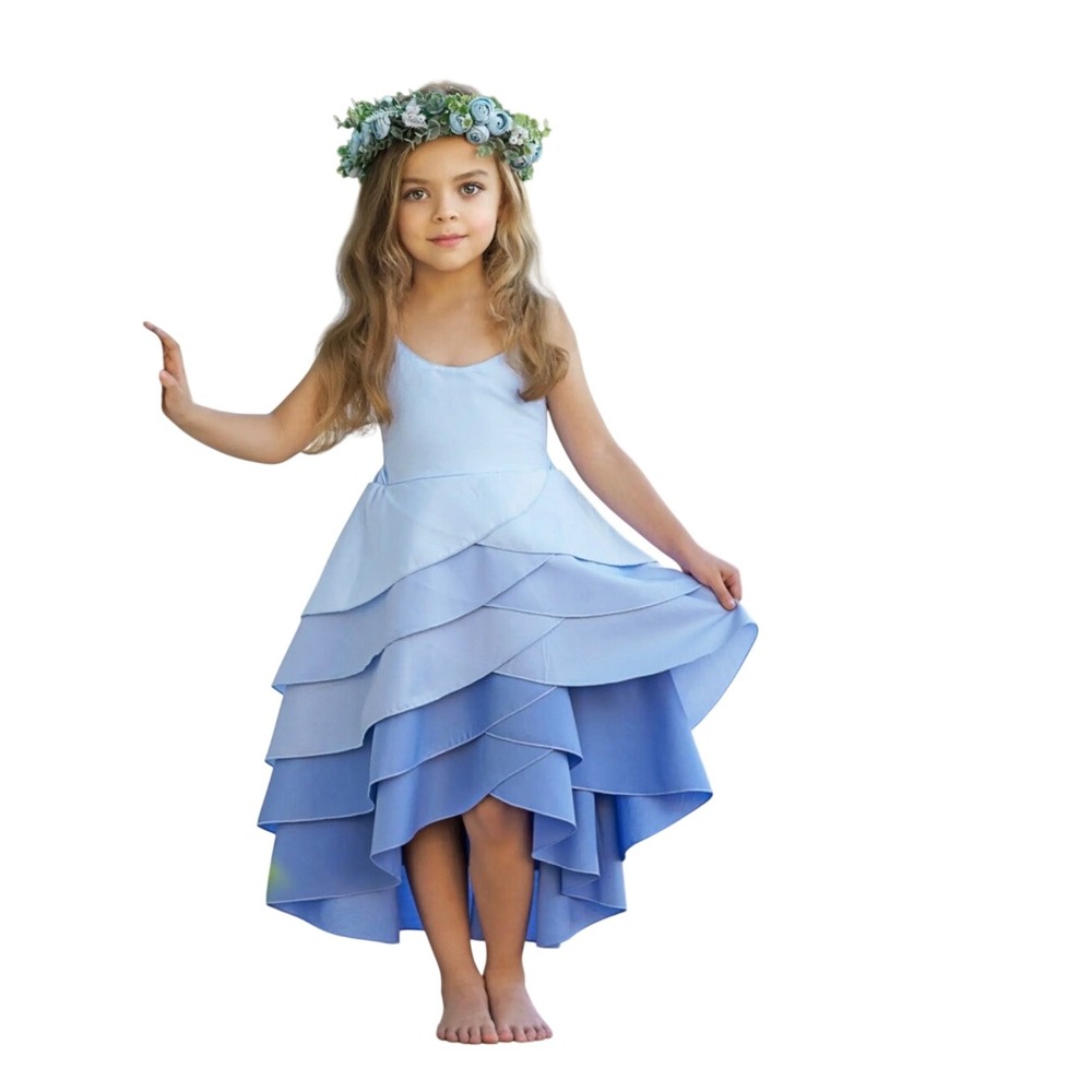BMG Girls Blue Ombre Tiered Petal High-Low Special‎ Occasion Dress Size 10Y/12Y